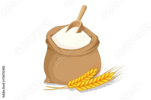 Isometric wheat flour in sack and spikelets isolated on white. Healthy eating and dieting food. Flour contains gluten