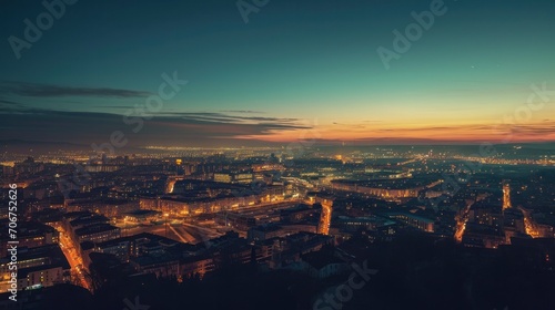 Aerial view of peaceful cityscape before sunrise