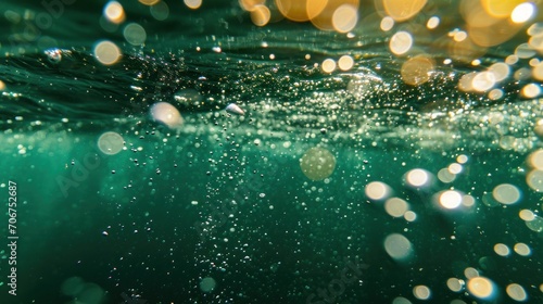 Bubbles and bokeh underwater in clear green ocean of California photo