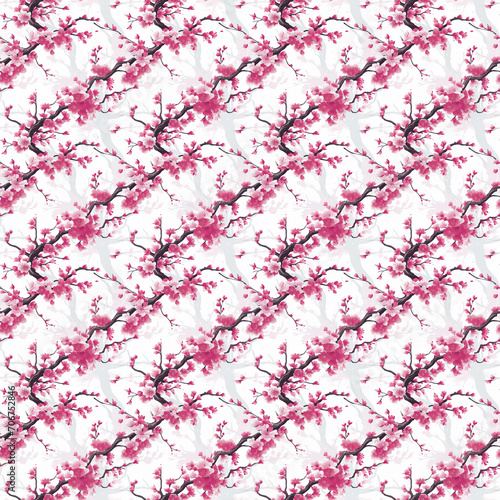 Illustrated Pink Cherry Blossoms Seamless Pattern
