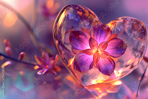 Luminous Floral Heart Glass Sculpture. A radiant glass heart sculpture encapsulating a vibrant purple flower, accented by a dynamic interplay of light and reflective shimmering particles. Horizontal i #706753002