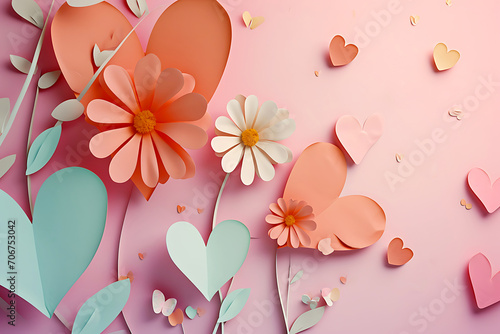 Valentine's Day Paper Art Flowers Hearts. Paper cut out flowers and hearts in soft pastel colors on a pink background. Horizontal illustration