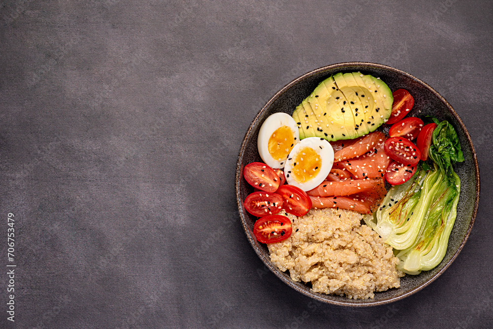 Blank food photography of healthy breakfast; brunch; buddha bowl; egg; salmon; bok choy; tomato; quinoa; avocado; sesame seeds; protein; carbohydrate; dieting - obrazy, fototapety, plakaty 