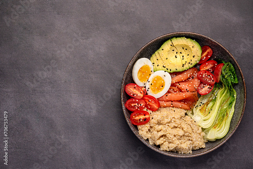 Blank food photography of healthy breakfast; brunch; buddha bowl; egg; salmon; bok choy; tomato; quinoa; avocado; sesame seeds; protein; carbohydrate; dieting photo