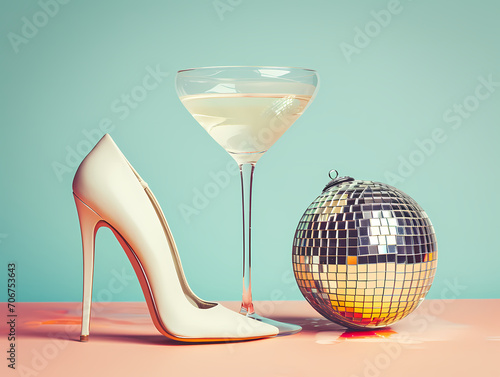 white High Heels with a Cocktail Glass and Disco Ball: Conceptual Illustration of Party Fun.