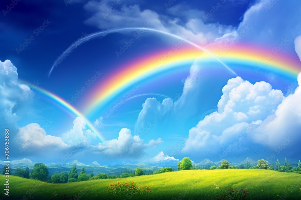 Experience the awe-inspiring beauty of a vibrant rainbow stretching across the vivid blue sky Experience the awe-inspiring beauty of a vibrant rainbow stretching across the vivid blue sky