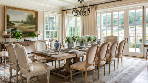 Um elegante salão de jantar com um estilo clássico de país francês, mostrando móveis ornamentados, paletas de cores suaves e padrões florais sutis para uma atmosfera atemporal e acolhedora. photo