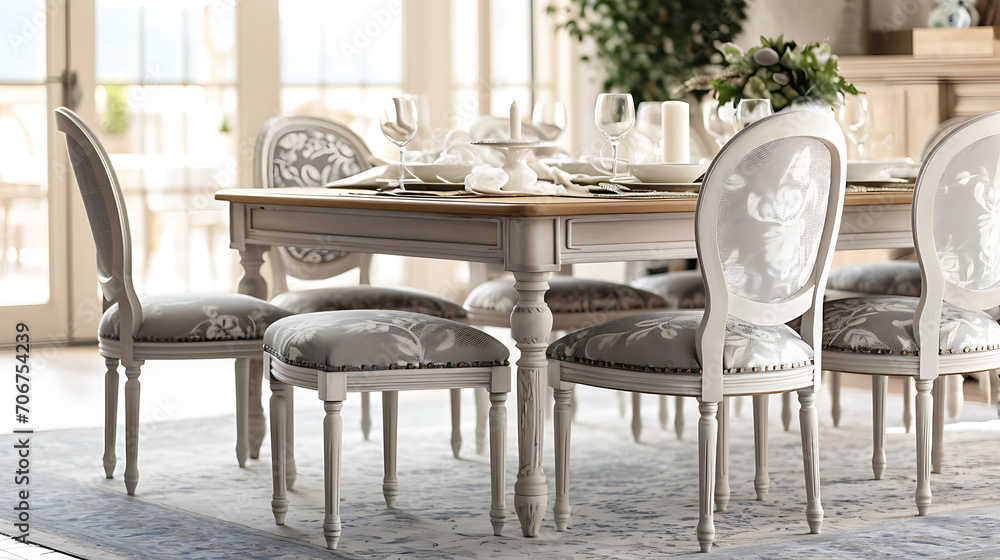 Um elegante salão de jantar com um estilo clássico de país francês, mostrando móveis ornamentados, paletas de cores suaves e padrões florais sutis para uma atmosfera atemporal e acolhedora.