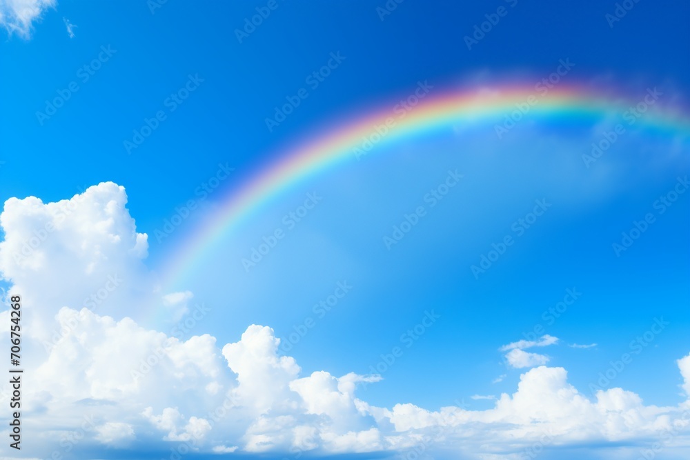 Experience the awe-inspiring beauty of a vibrant rainbow stretching across the vivid blue sky