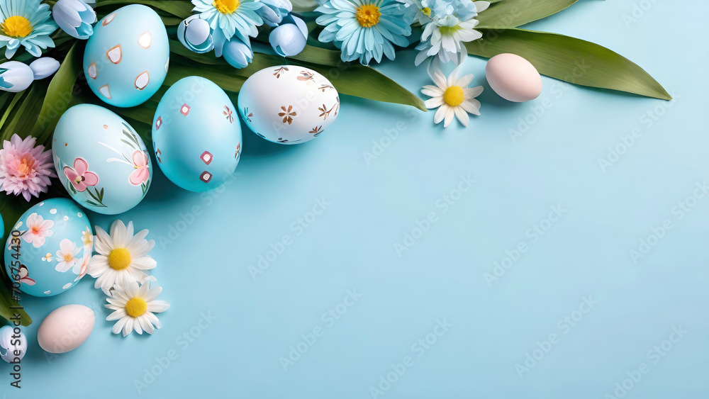 Pastel colored easter eggs and spring flowers on blue background.Top view, flat lay.Easter banner for design with copy space.Generative AI Pastel colored easter eggs and spring flowers on blue background.Top view, flat lay.Easter banner for design with copy space.Generative AI