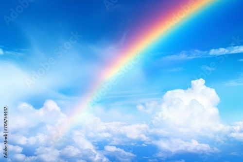 Experience the awe-inspiring beauty of a vibrant rainbow stretching across the vivid blue sky