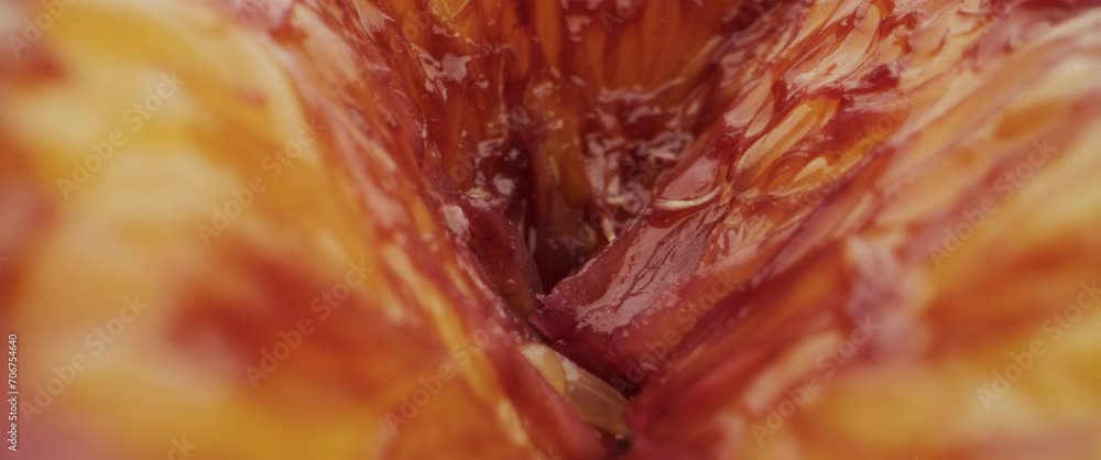 Red, shiny substance under a microscope. Red, shiny substance under a microscope.
