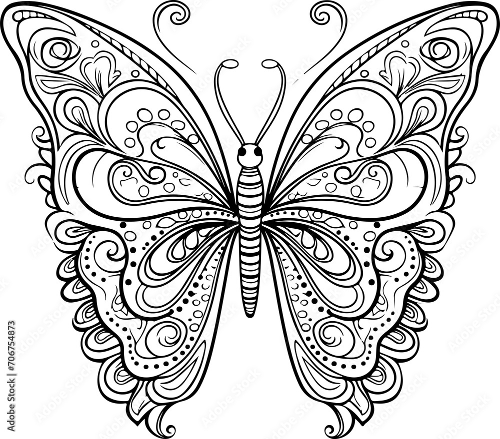 Butterfly coloring page for children and adults. Beautiful drawings with patterns and small details