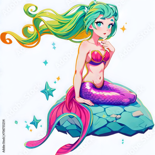 Little mermaid with beautiful hair and purple tail swims with a bubble