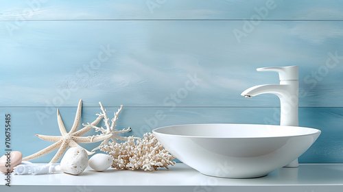 Um banheiro inspirado na costa com esquemas de cores azul claro e branco, elementos náuticos e texturas naturais, criando uma atmosfera serena e de praia. photo