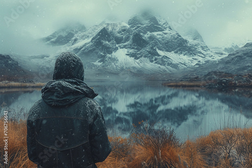 A serene winter portrait featuring a person in a vintage-inspired winter coat, standing by a frozen lake, with the reflection of snow-capped mountains.