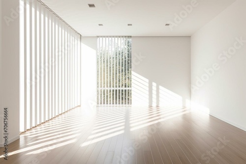 A minimal white room with sunlight cast shadows from vertical windows onto the wall and laminate floor. Generative AI