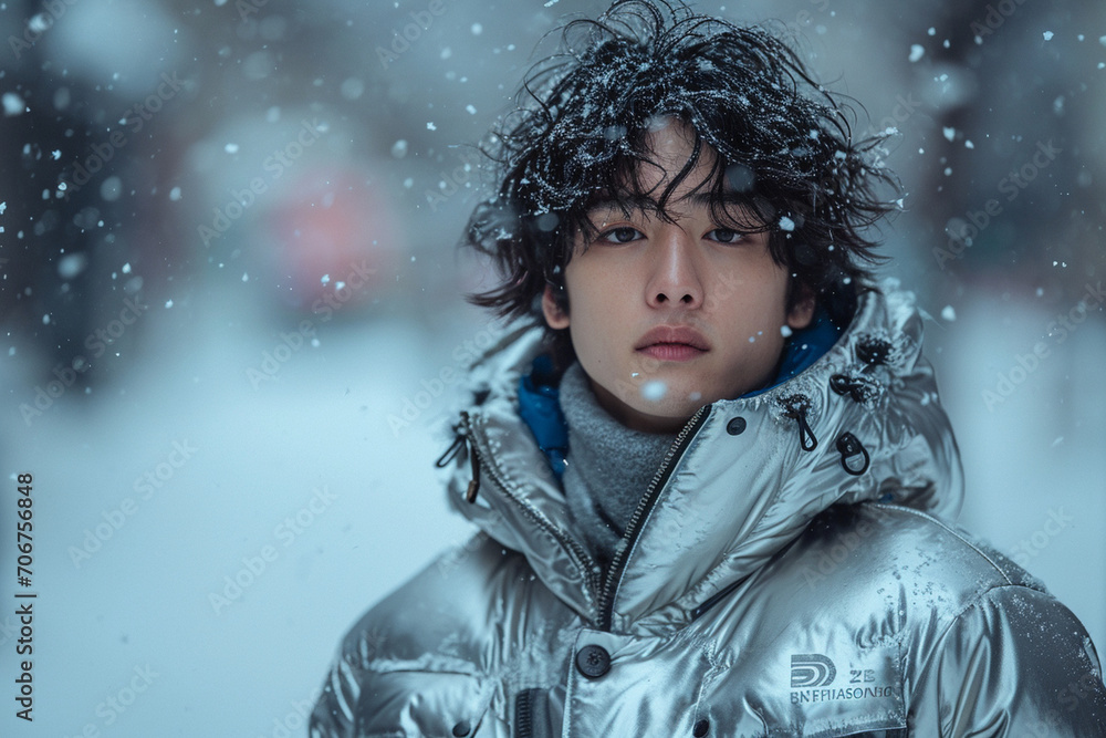 A dynamic winter scene showcasing an individual in a sleek silver winter coat, standing against a neutral backdrop, with the subject's confident posture.