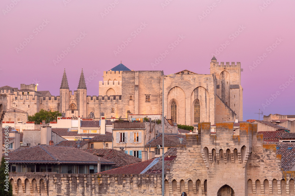 Palace of the Popes and Avignon Cathedral at sunset, Avignon, Provence, France