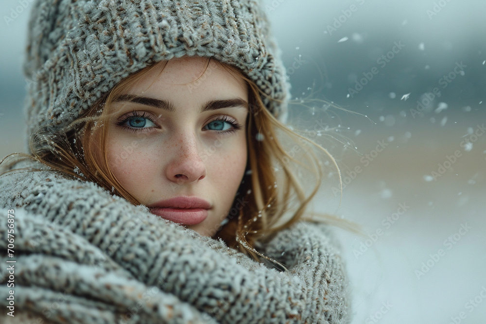 An artfully composed winter scene capturing an individual in a gray woolen sweater, framed against a plain backdrop, with the subject's relaxed pose. An artfully composed winter scene capturing an individual in a gray woolen sweater, framed against a plain backdrop, with the subject's relaxed pose.