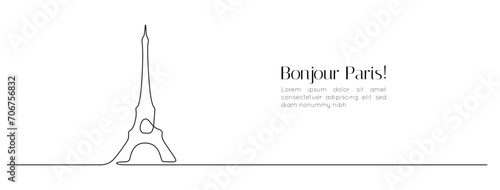 Continuous one line drawing of Paris Eiffel tower. French landmarks and city architecture in simple linear style. Editable stroke. Doodle outline vector illustration