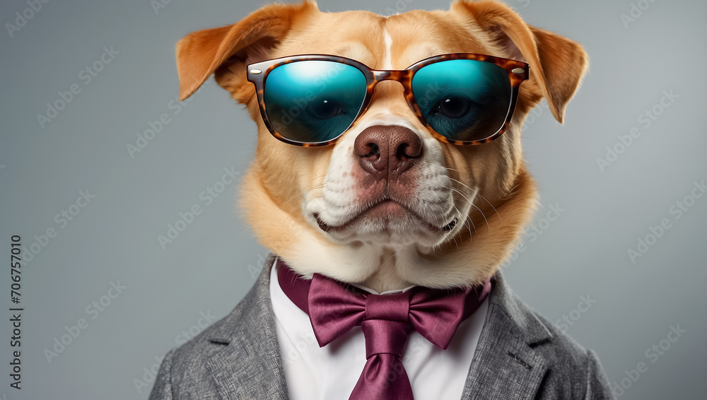 Cute cartoon dog with glasses and suit modern