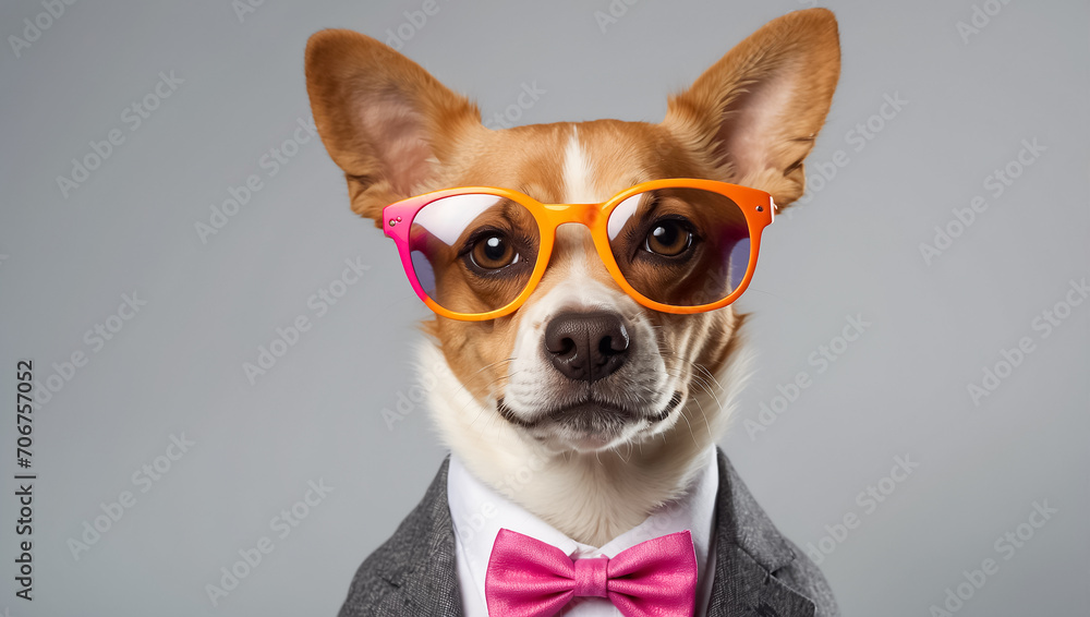 Cute cartoon dog with glasses and suit intelligent