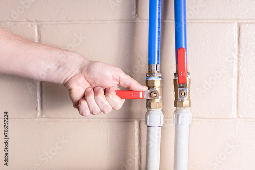 Slika na platnu Shutting off water supply. Turning off water valve.