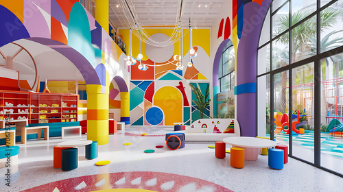 Um quarto de brincar para crianças projetado em um estilo divertido e lúdico, apresentando cores vibrantes, móveis interativos e soluções criativas de armazenamento para inspirar a imaginação. photo