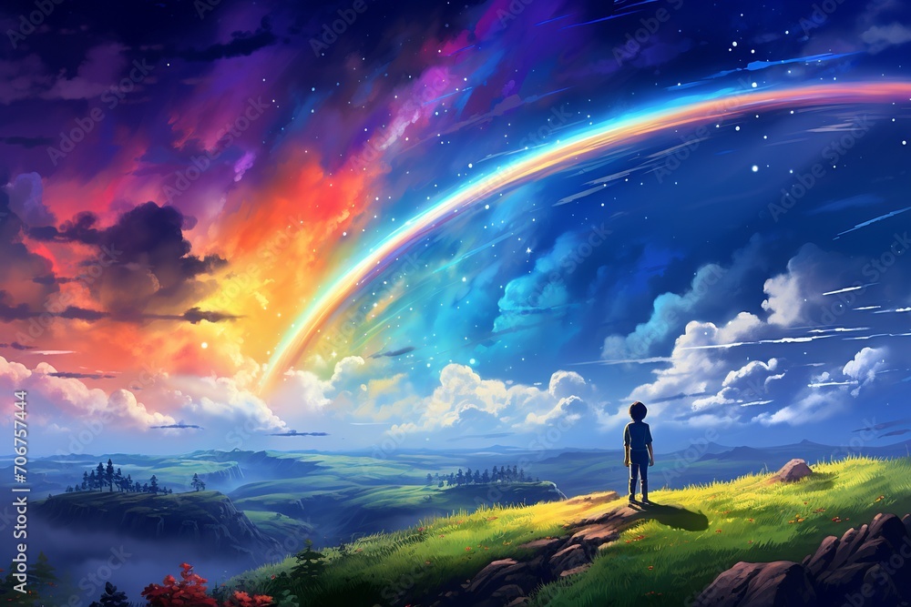 Experience the serenity of a picturesque sky painted in a soothing blue, brought to life by the presence of a vibrant and captivating rainbow Experience the serenity of a picturesque sky painted in a soothing blue, brought to life by the presence of a vibrant and captivating rainbow