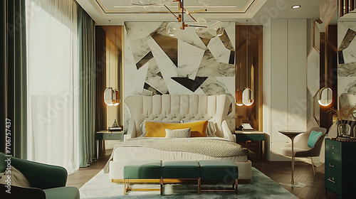 Um luxuoso quarto projetado no estilo Art Deco, com padrões geométricos ousados, tecidos suntuosos e acabamentos metálicos para um visual glamoroso e sofisticado. photo