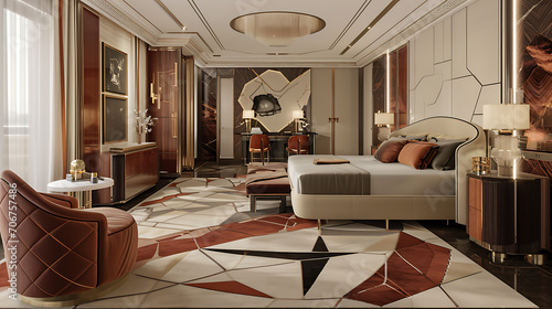 Um luxuoso quarto projetado no estilo Art Deco, com padrões geométricos ousados, tecidos suntuosos e acabamentos metálicos para um visual glamoroso e sofisticado. photo