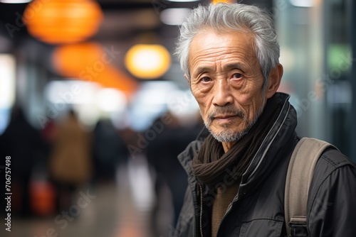 Portrait of a serious elderly Asian grey haired man in a jacket and scarf on a blurred background