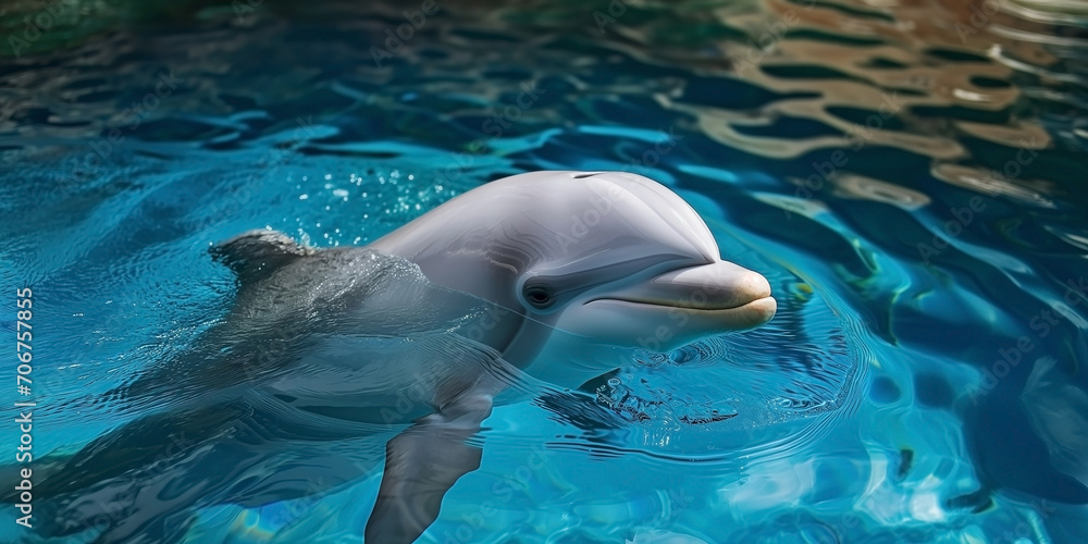 Obraz premium Beautiful dolphin peeking out of clear blue water, top view