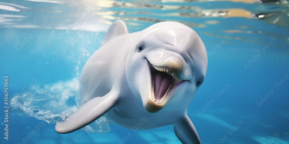 Fototapeta premium Cute smiling dolphin underwater