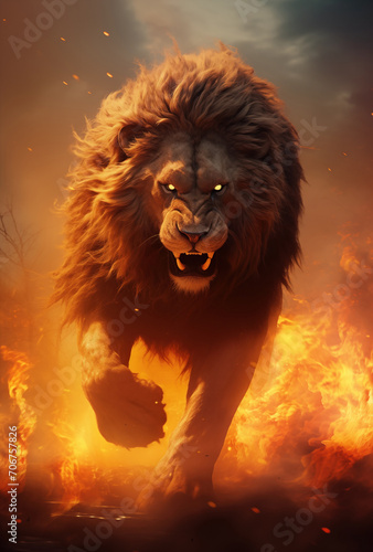 Regal Blaze: Fantasy Poster of the Flaming Lion King amidst Ashes, Embers, and Flames on a Black Canvas. Join the Fiery Fantasy Wild Animal Collection, Symbolizing the Urgency of Climate Change.