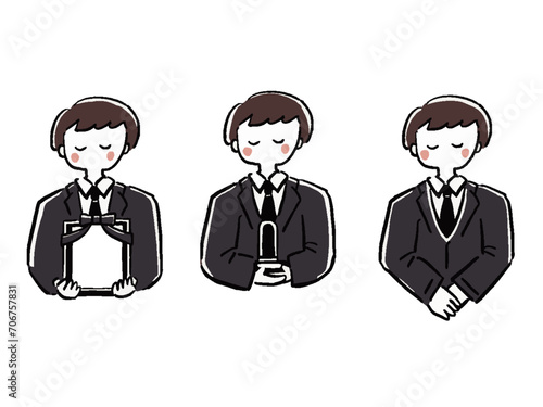 喪服の男性　上半身　手描き風イラストセット