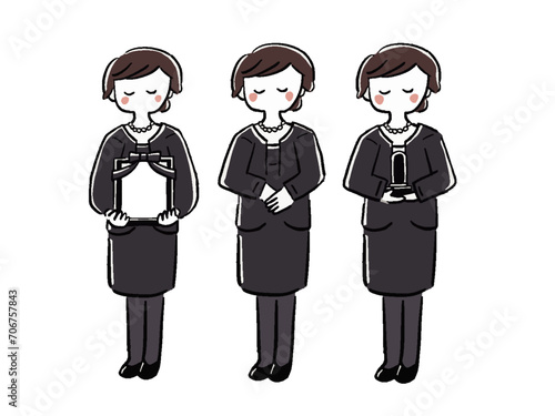 喪服の女性　全身　手描き風イラストセット