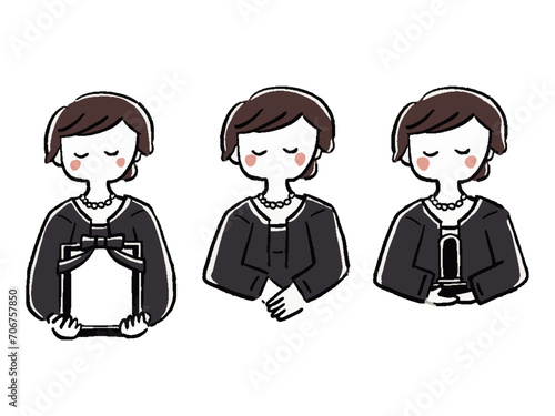 喪服の女性　上半身　手描き風イラストセット