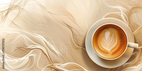 White cup of coffee with latte art on a light background, coffee background