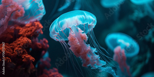 Beautiful pink blue jellyfish swims underwater