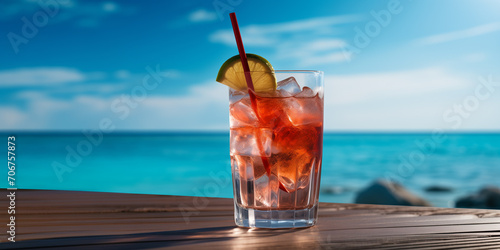Glass with cocktail on a blue sea background