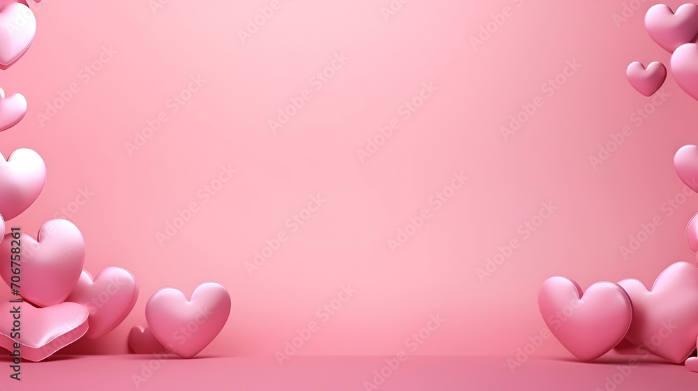 Valentine's Day background. Frame, scene of pink satin hearts on a pastel pink background. Valentine's Day concept with copy space