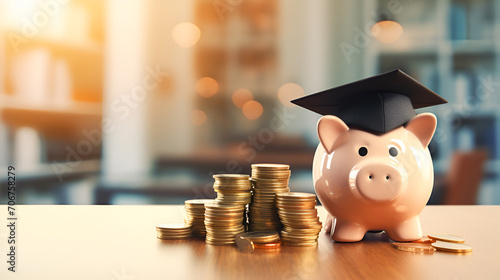 Black Graduation hat on a piggy bank, with gold coins on the background of a library with copy space. Saving money for education or scholarship. Installment plan for studying at the university.