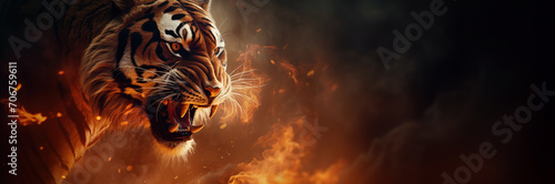 Flaming tiger fantasy horizontal poster. Ashes, embers and flames. Black background. Fiery fantasy wild animal collection. Climate change and global warming concept. Extinction concept.
