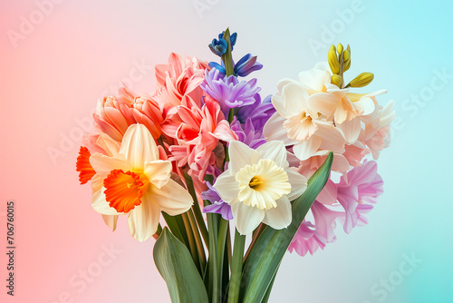 Wallpaper Mural A Symphony of Spring: Elegant Bouquet of Daffodils and Hyacinths Against a Soft Pastel Gradient Torontodigital.ca