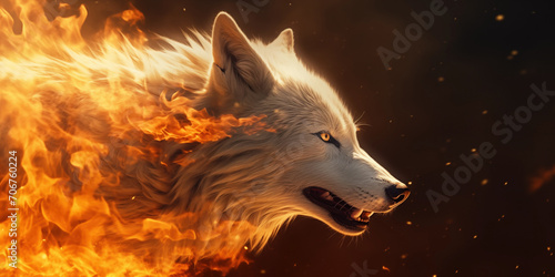 Enigmatic Ivory Wolf Fantasy Poster: Ashen Embers and Infernos on a Dark Canvas. A Collection of Fantastical Wild Beasts in Flames. Symbolizing Climate Change and the Specter of Extinction.