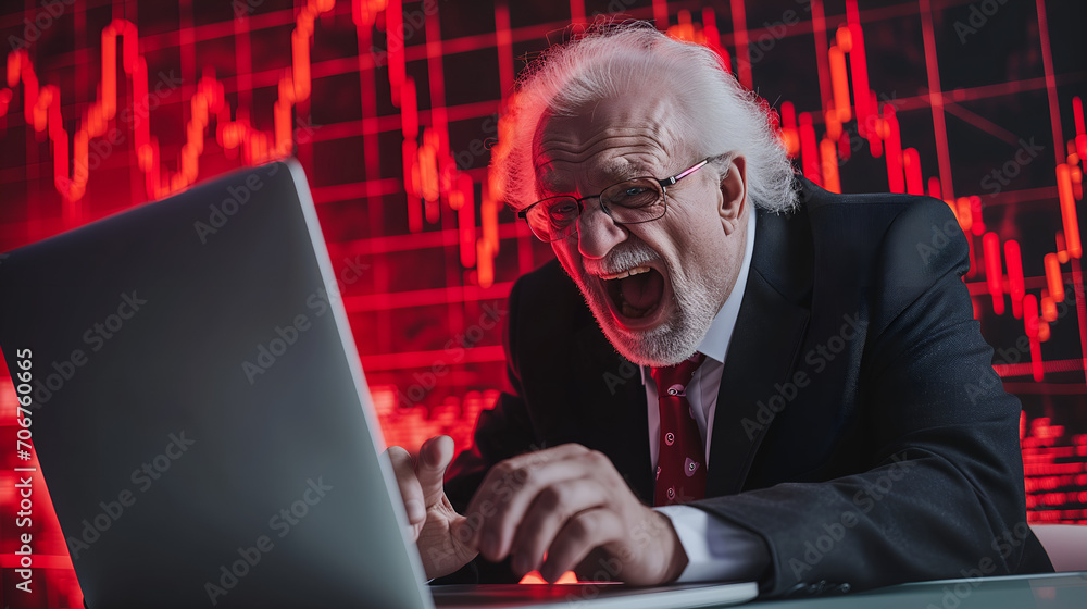 Portrait of senior businessman using laptop and looking at monitor with red graph on background Portrait of senior businessman using laptop and looking at monitor with red graph on background