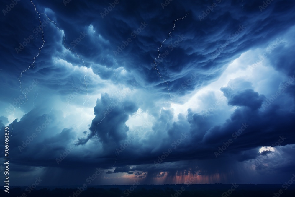 Gaze upwards and be captivated by the striking scene above. One half of the sky presents a pristine blue canvas, untouched by any clouds, while the other half reveals heavy rainclouds