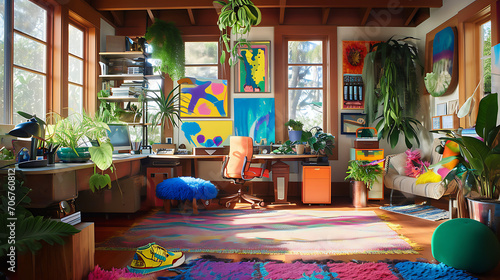 Um escritório em casa vibrante e eclético com uma decoração inspirada no Bohemian, que combina móveis diferentes, cores ousadas e acessórios únicos para um espaço de trabalho criativo e personalizado. photo